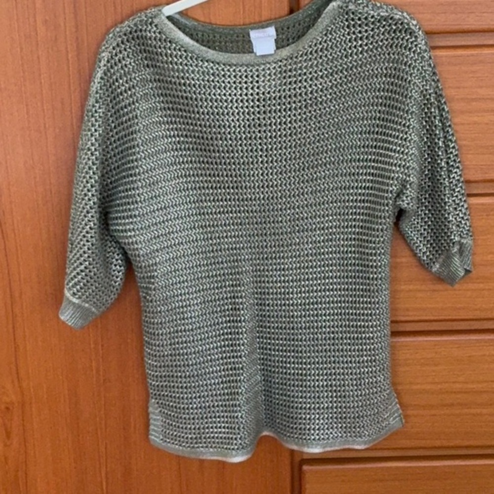 Chico's Sage Green metallic sheen Women's Crew Neck Sweater Chicos sz 1 (8-10) - Picture 3 of 3